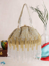 Designer Half Frame Beaded Clutch - Gold | HAQEEBA STUDIO