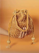 Designer Heavy Potli With Crystal Hangings - Gold | HAQEEBA STUDIO