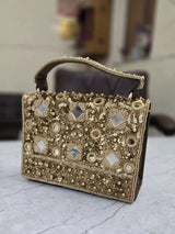 Designer Mirror Flap Clutch Bag In High Quality Work - Gold | HAQEEBA STUDIO
