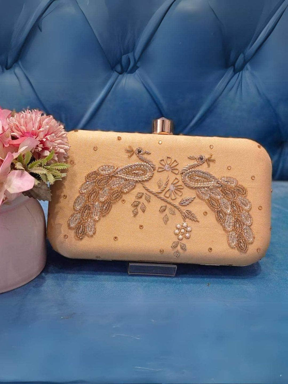 Golden Shimmery Fancy Clutch - Gold | HAQEEBA STUDIO
