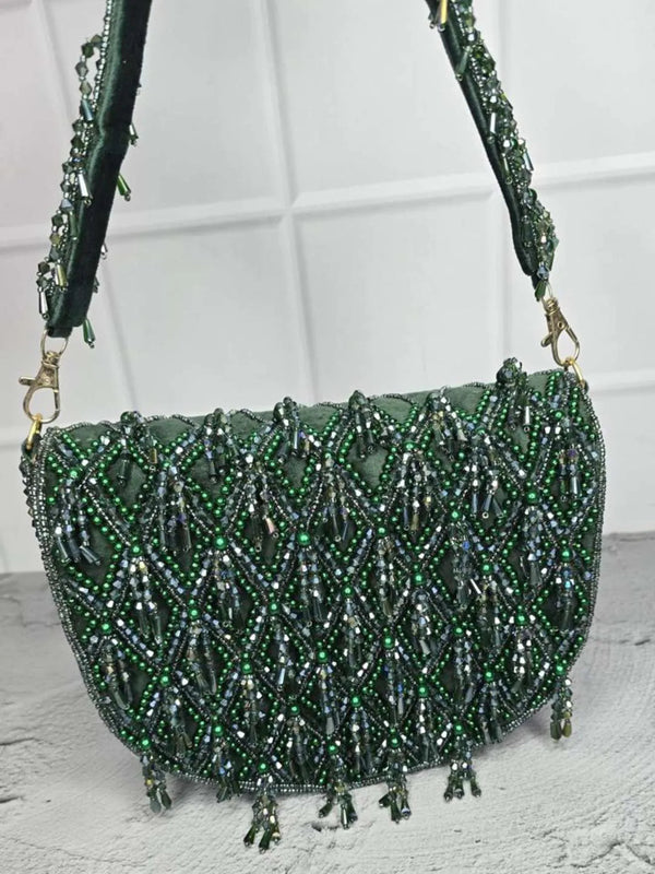 Designer Zoya Crystal Clutch Bags - Green | HAQEEBA STUDIO