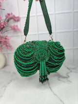 Embroidery Tassel Oval Beauty Clutches - Green | HAQEEBA STUDIO