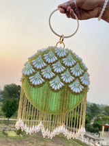 Matka Embroidered Design In Round Clutch - Green | HAQEEBA STUDIO
