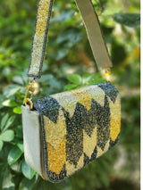 Designer Heavy Flap Clutch In Golden Katdana Work - Grey | HAQEEBA STUDIO