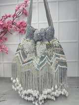 Designer Jhallar Potli Bag - Grey | HAQEEBA STUDIO