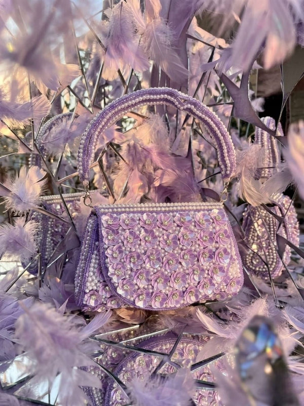 Lavender Floral Pearl Beaded Bridal Clutch Bag - Violet | HAQEEBA STUDIO