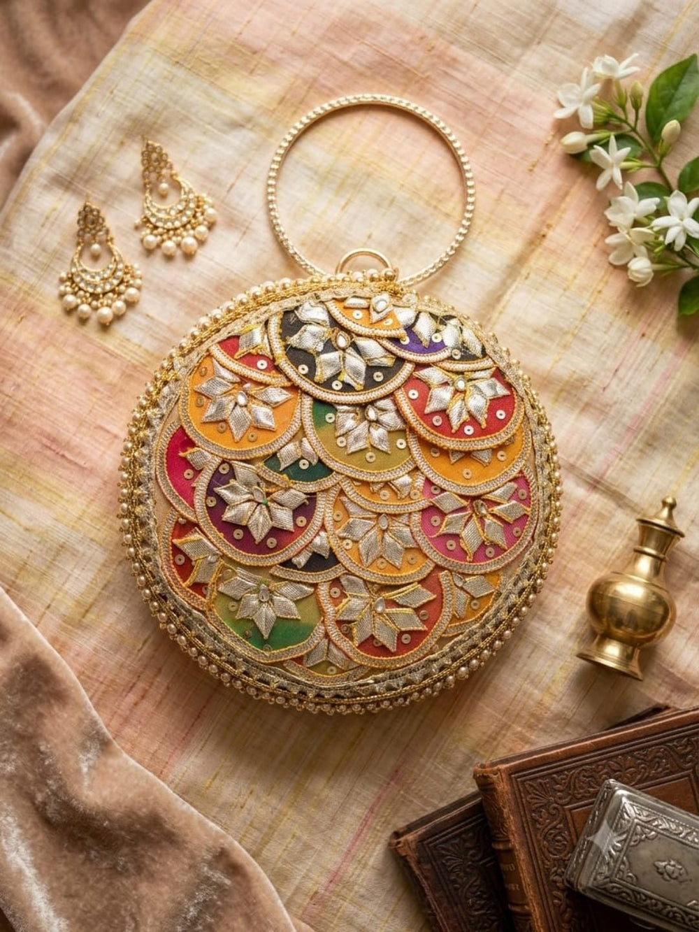 Multicolor Embroidered Potli Bag - Gold | HAQEEBA STUDIO