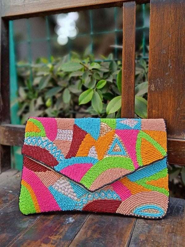 Multicolored Abstracts Embellished Sling Bag - Gold | HAQEEBA STUDIO