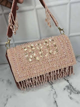 Embroidered Tassel Flap Bags - Pink | HAQEEBA STUDIO