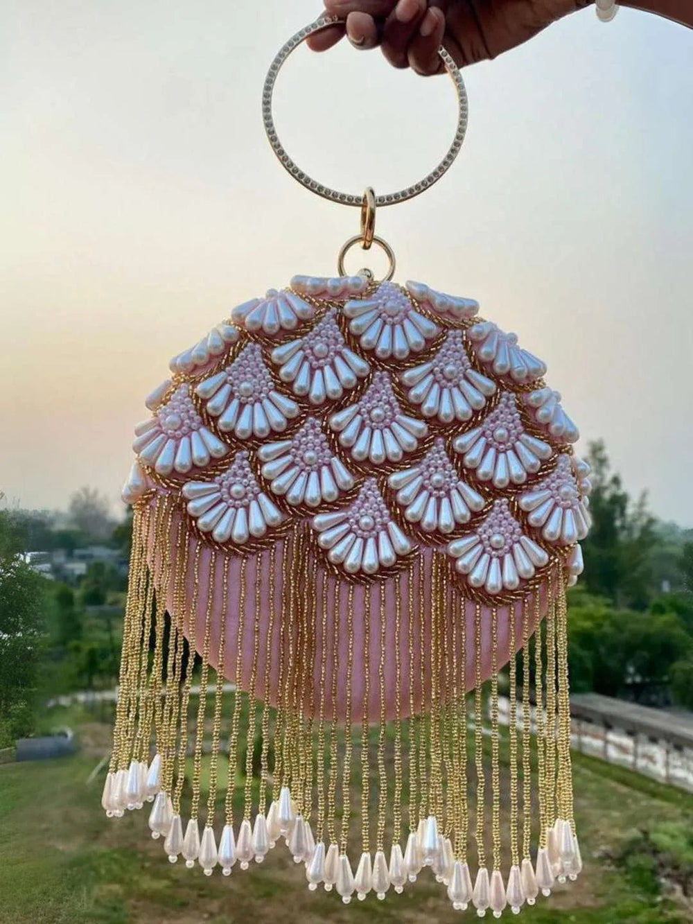 Matka Embroidered Design In Round Clutch - Pink | HAQEEBA STUDIO