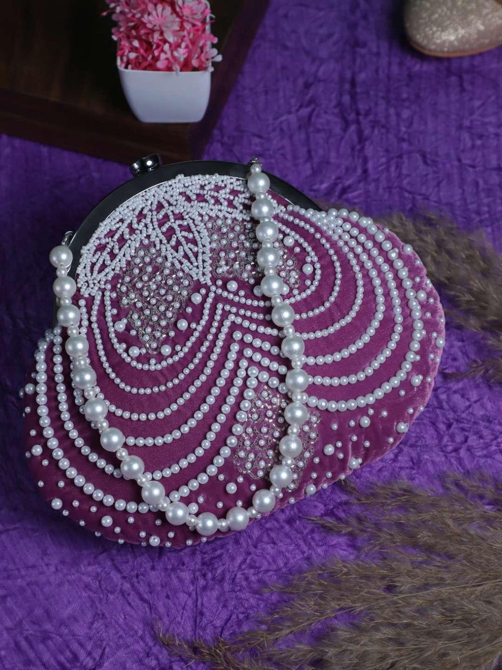 Pearl Embedded Designer Half Frame Clutch - Pink | HAQEEBA STUDIO