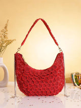 Designer Aarohi Embroidered Bag With Handle - Red | HAQEEBA STUDIO