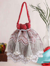 Designer Heavy Potli In Silver Work - Red | HAQEEBA STUDIO