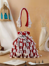 Designer Heavy Potli With Pearl Hanging - Red | HAQEEBA STUDIO