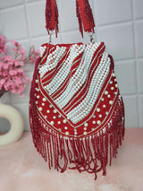 Designer Heavy Potli With Pearl N Stone Work - Red | HAQEEBA STUDIO