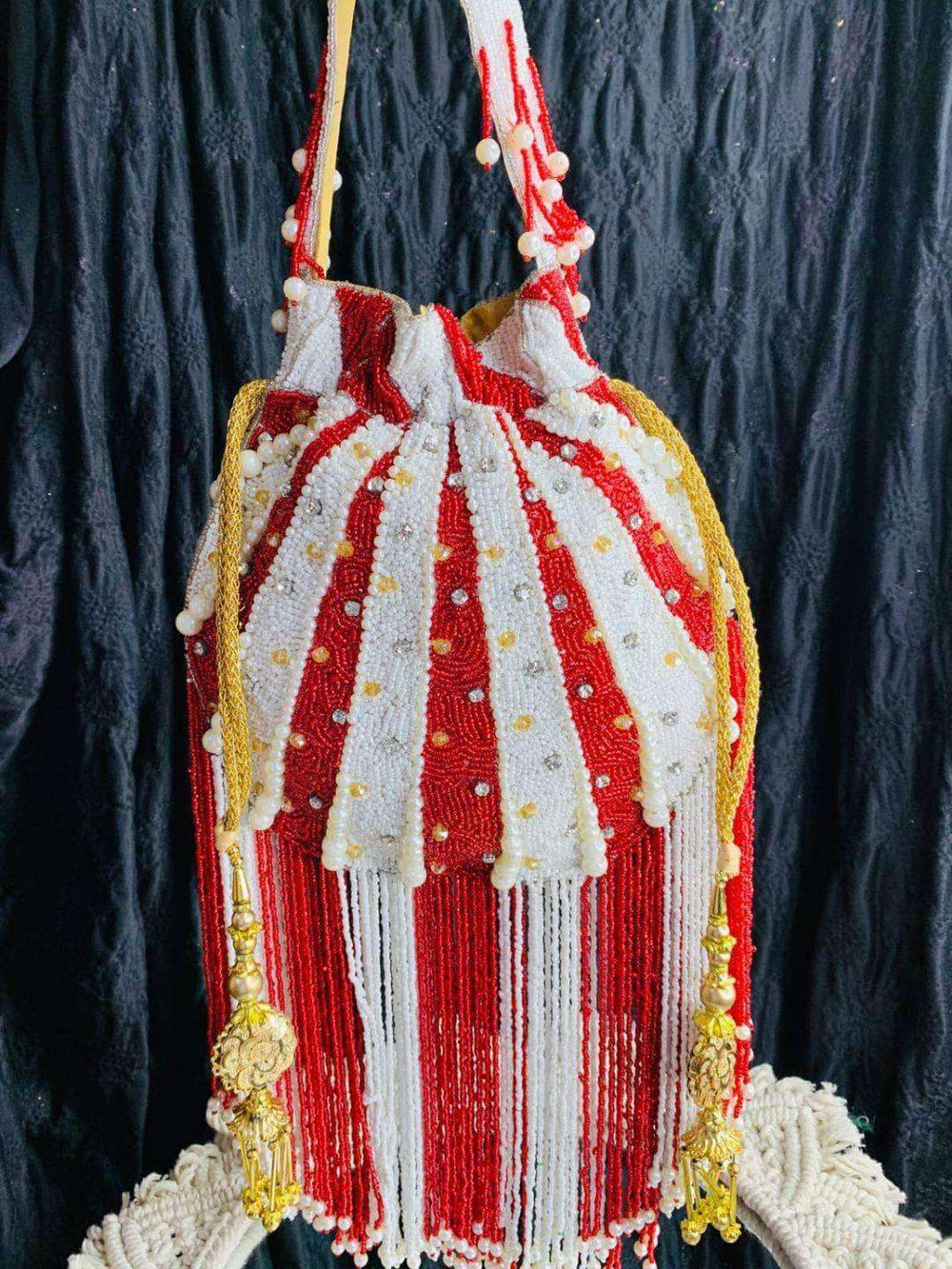 Embellished Pearl Potli Bag - Red | HAQEEBA STUDIO