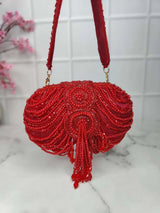 Embroidery Tassel Oval Beauty Clutches - Red | HAQEEBA STUDIO