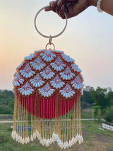 Matka Embroidered Design In Round Clutch - Red | HAQEEBA STUDIO