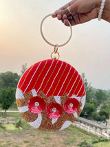 Overcat Embroidered Round Clutch - Red | HAQEEBA STUDIO