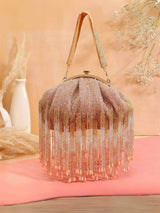 Designer Half Frame Beaded Clutch - Rose Gold | HAQEEBA STUDIO