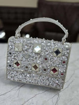 Designer Mirror Flap Clutch Bag In High Quality Work - Silver | HAQEEBA STUDIO
