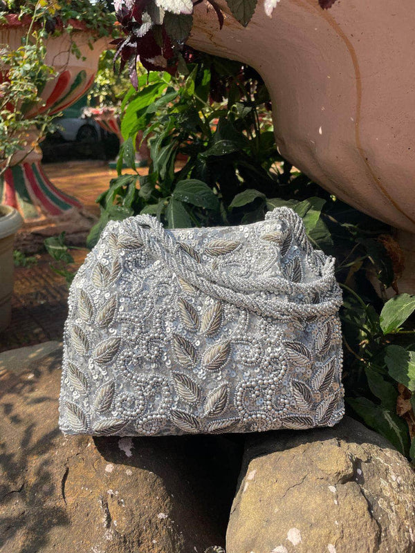 Vintage Floral Beaded Clutch Bag - Blue | HAQEEBA STUDIO