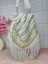 Designer Heavy Potli With Pearl N Stone Work - White | HAQEEBA STUDIO
