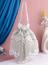 Designer Jhallar Potli Bag - White | HAQEEBA STUDIO