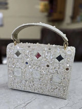 Designer Mirror Flap Clutch Bag In High Quality Work - White | HAQEEBA STUDIO