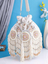 Designer Pearl Work Embroidery Potli - White | HAQEEBA STUDIO