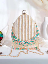 Heavy Designer Almond Shape Clutch - White | HAQEEBA STUDIO