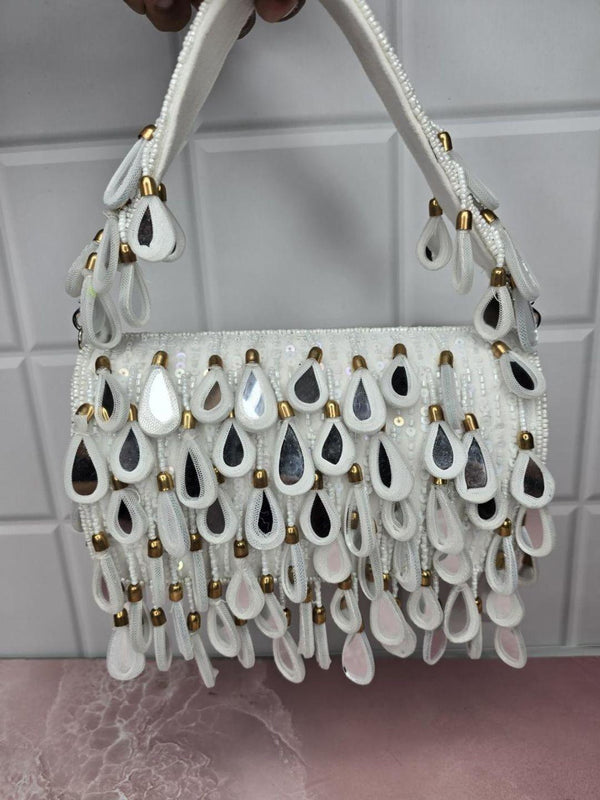 Mirror Sequence Flap Clutch Bag - White | HAQEEBA STUDIO