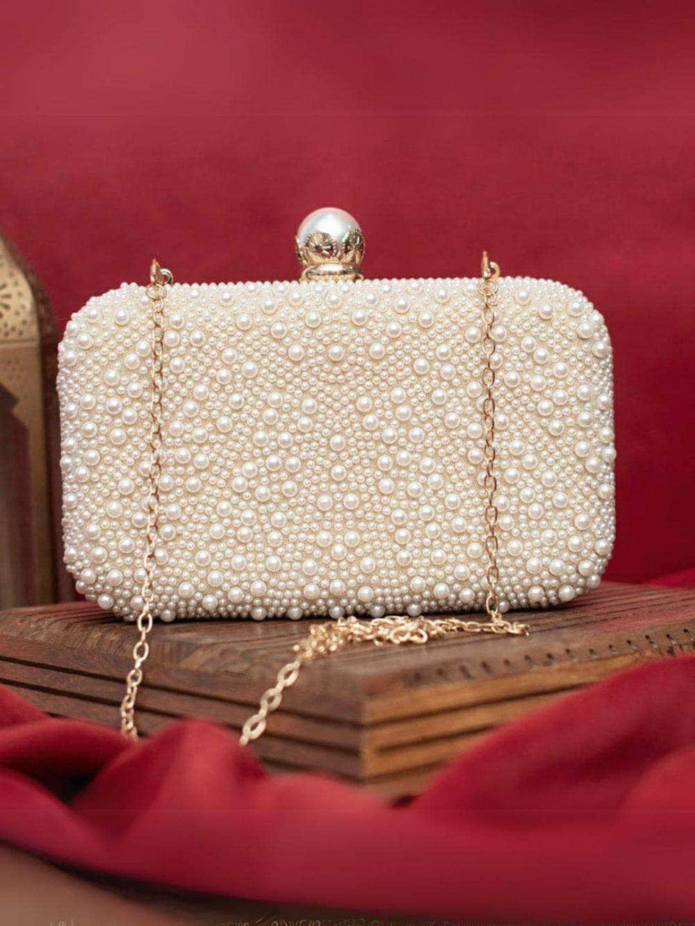 White Pearl Embellish Evening Clutch Bag - Gold | HAQEEBA STUDIO