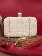 White Pearl Embellish Evening Clutch Bag - Gold | HAQEEBA STUDIO