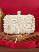 White Pearl Embellish Evening Clutch Bag - View 2 | HAQEEBA STUDIO